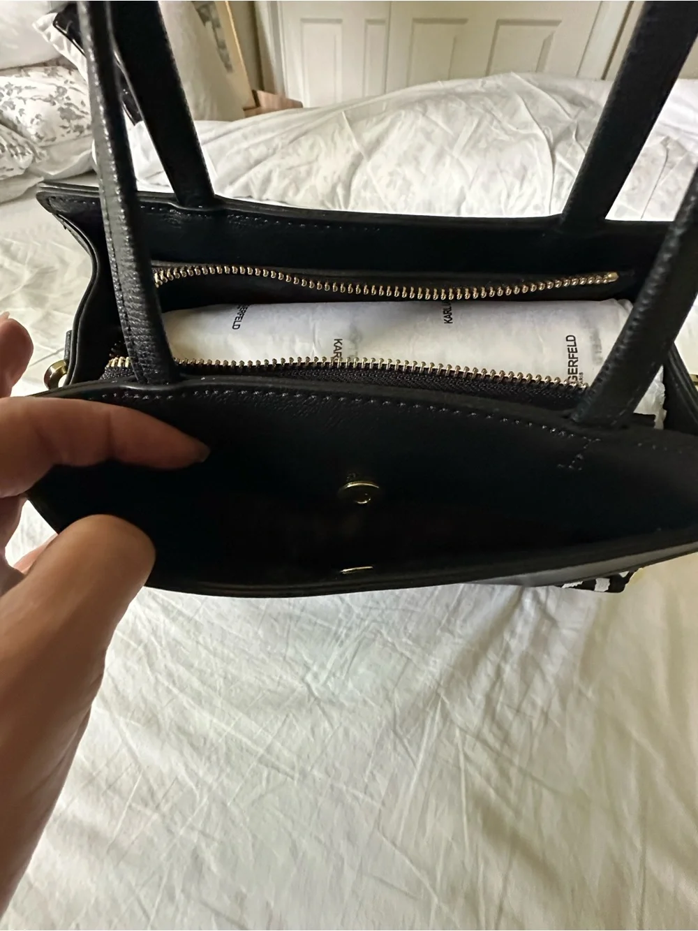 Karl Lagerfeld Black Graphic Leather Tote with Removable Logo Strap